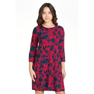 Red Navy Floral Long Sleeve Fall Autumn Dress Casual Size XXXL Holiday